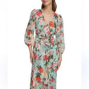 Eliza J Floral Dress with Red and Green Accents